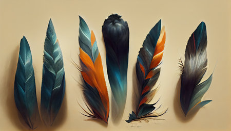 Colorful vintage feather organic background, teal and orange linesの写真素材