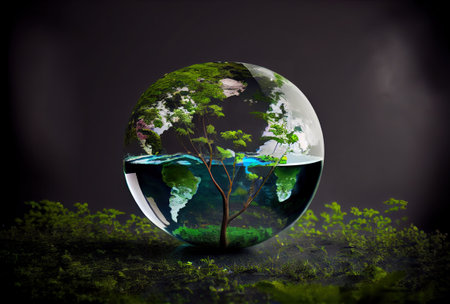 green planet concept - green tree in shell with globe scheme and growing plantsの写真素材