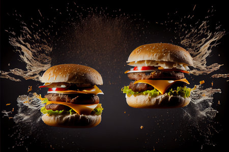 Illustration of traditional american tasty hamburgers flying over black background, illustrationの写真素材
