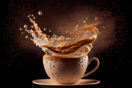 illustration of cup of coffee with milk, coffee splashesの写真素材