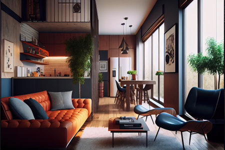 Interior of luxury home, living room, with open kitchen illustration