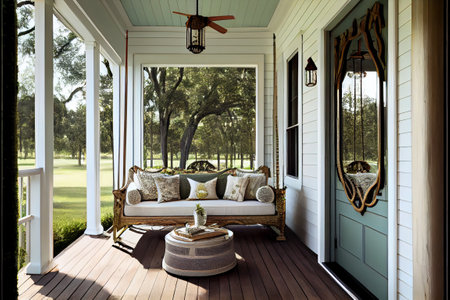 Modern luxury porch, terrace in garden with comfy sofa bedの写真素材