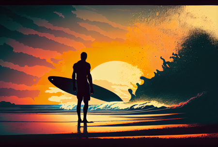 Silhouette of a surfer with sufboard at a beach, summer vacations illustration