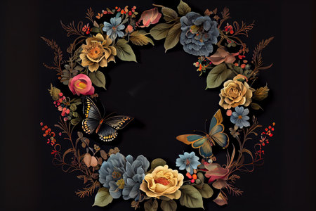 Vintage spring flowers wreath over dark background, traditional dutch style, illustrationの写真素材