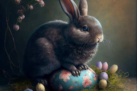 Cute Easter rabbit with colored Eater egg, festive illustration
