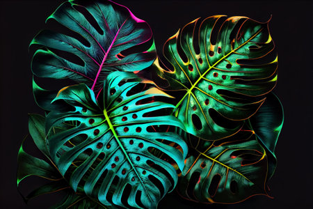 tropical leaves greenery with green leaves over black bsckgroundの写真素材