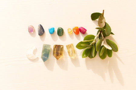 Gemstones minerals chakra stones with herbs. Witchcraft, herbal medicine and healing, Magic healing Rock for Reiki Crystal Ritual, Witchcraft, spiritual esoteric practiceの写真素材