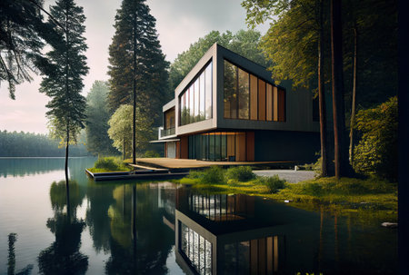 Modern cabin house at lake with scenic viewの写真素材