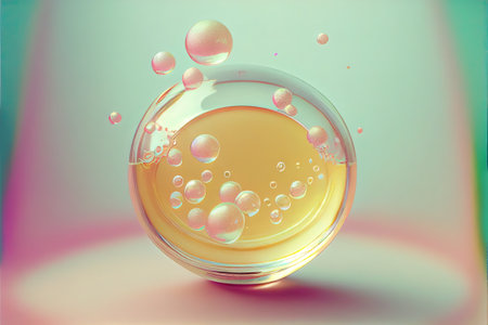 Transparent bubbles over golden background, moleculas, science cosmetic, 3D Collagen serum and...