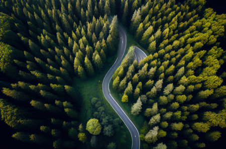 road in green forest, view from the drone