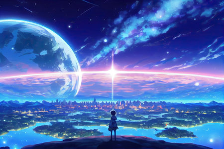 Anime boy dreaming at night sitting at lakes under sky with startsの写真素材