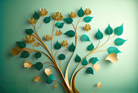 spring tree with green and golden leavesの写真素材