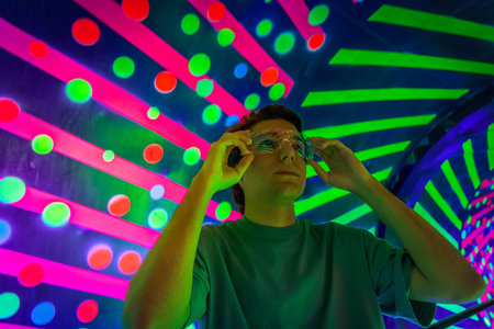 man inside virtual metaverse space, virtual gaming and augmented reality concept, tonedの写真素材