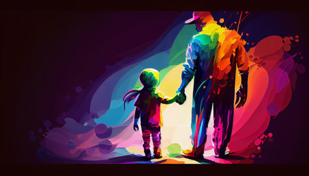 Parenthood concept, walking parent with child in hats in bright colors