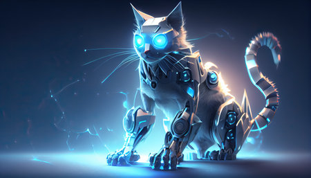 standing futurisric cat robot, shining eyes, scifi, mechanical, steelの写真素材