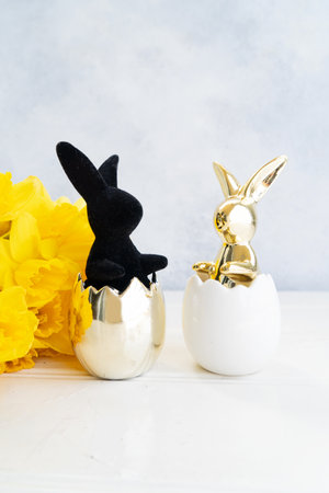 Easter Egg hunt with two Easter white bunnies and daffodils in potの写真素材