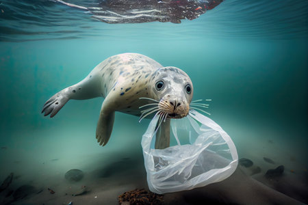 Plastic in water, polluted ocean underwater, marine seal, ecologic conceptの素材