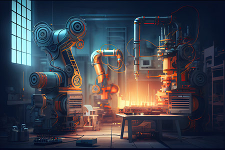 Industrial 4.0, AI generated, close up of modern factory machinery with robotic handの素材