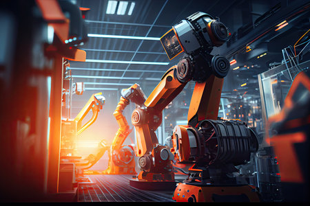 Industrial 4.0, AI generated, close up of modern factory machinery with robotic handの素材