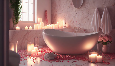 Modern bathroom illustration with modern bath tube, burning candles and rose petalsの素材