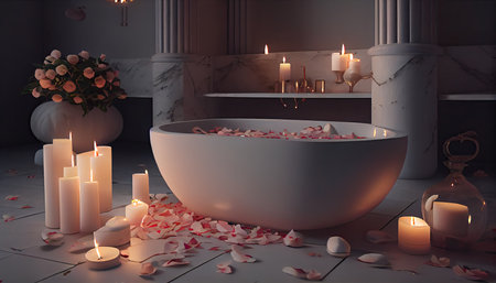 Modern bathroom illustration with modern bath tube, burning candles and rose petalsの素材