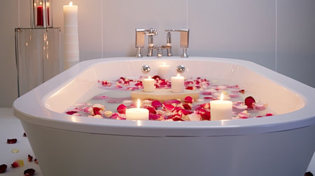 Modern bathroom illustration with modern bath tube, burning candles and rose petalsの素材