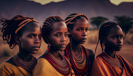 african young girls group, traditional costumes, hair, facesの素材