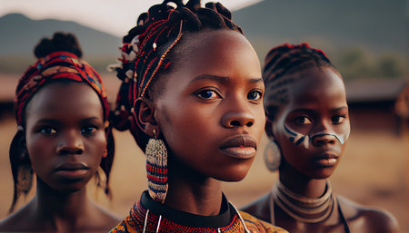 african young girls group, traditional costumes, hair, facesの素材