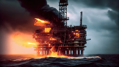 Fire on black oil platfom in sea, conceptual illustration, created using ai toolの素材