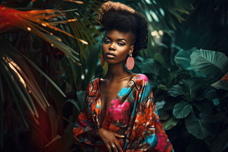 african american black woman in tropical garden, fictional character, AI generativeの素材