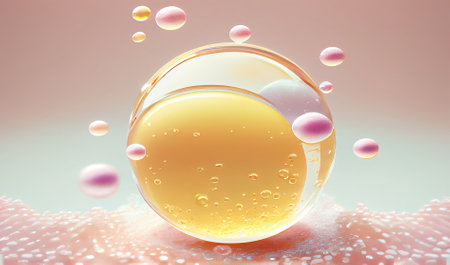 Transparent bubbles over golden background, moleculas, science cosmetic, 3D Collagen serum and vitamin hyaluronic acid skin care solutions with cosmetic advertising background., created using AI toolsの素材