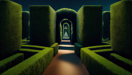 mysterious green garden bush labyrinth path at midnight with shadowsの素材