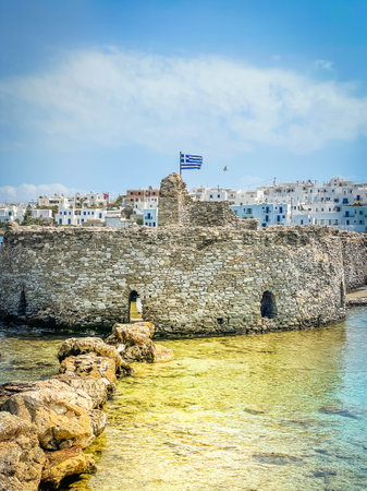 view of old fortress and old town in Naoussa, Paros island, Greece, wide panorama formatの写真素材