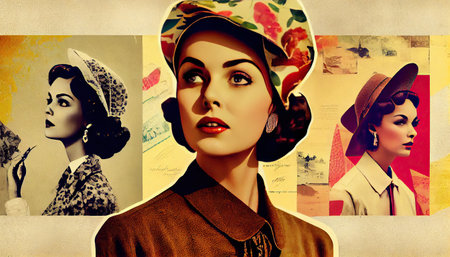 girls in sixties retro design, photo and graphics, black and white, colorful, fictional character, AI basedの素材