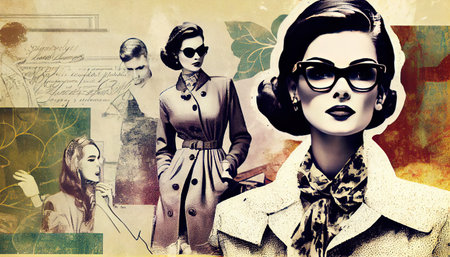 girls in sixties retro design, photo and graphics, black and white, colorful, fictional character, AI basedの素材