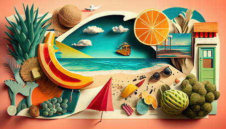 travel concept, colorful retro style graphics, summer vacational journey, ai generatedの素材