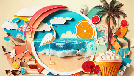 travel concept, colorful retro style graphics, summer vacational journey, ai generatedの素材
