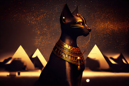 Bastet, half woman half cat goddess of ancient Egypt, mystic egyptian background, ai basedの素材