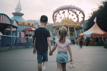 small boy and girl walking to amusement theme park hand in hand at summerの素材