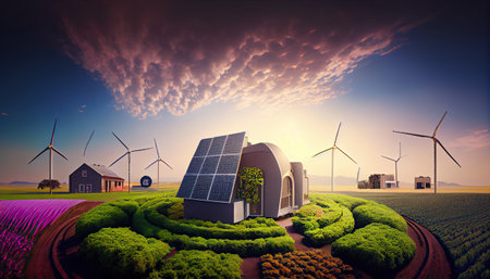 save the green planet concept with fresh geen filds, skyscapers and power plants, created using of AI toolの素材