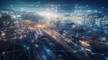 Modern System transportation and logistic import export and transport industry of truck container cargo ship and cargo plane with working crane bridge in shipyard at sunset sky. Generative AIの素材