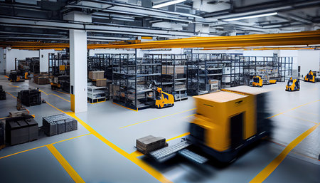 warehouse with pile of cardboxes, industrial storage, cargo and shipping logistic with robotの素材