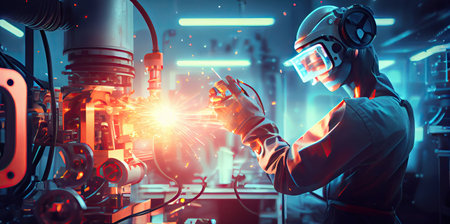 Industrial 4.0, AI generated, close up of modern factory machinery, imgeneer checking robotic handの素材