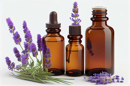three bottles of cosmetics essential oil and lavender flowers in white background, ai generativeの素材