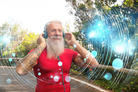 Senior athlete man with white beard doing running outdoor on the nature, listening music in...
