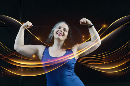 Woman and sports, exercise for weight loss in the fresh air. Poertrait of happy curvy woman doing...
