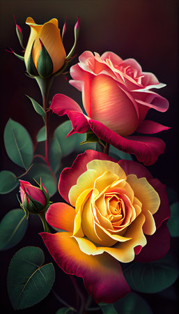 Multicolored garden rose flowers over black background, ai generativeの素材