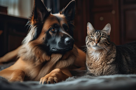 Cat and dog lying together, pet friendsの素材