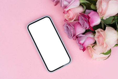 wedding or mothers day background, bouquet over plain pink background, copy space on mobile phoneの写真素材