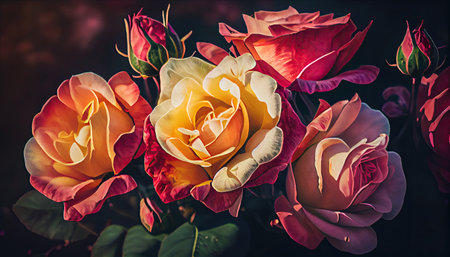 Multicolored garden rose flowers over black background, ai generativeの素材